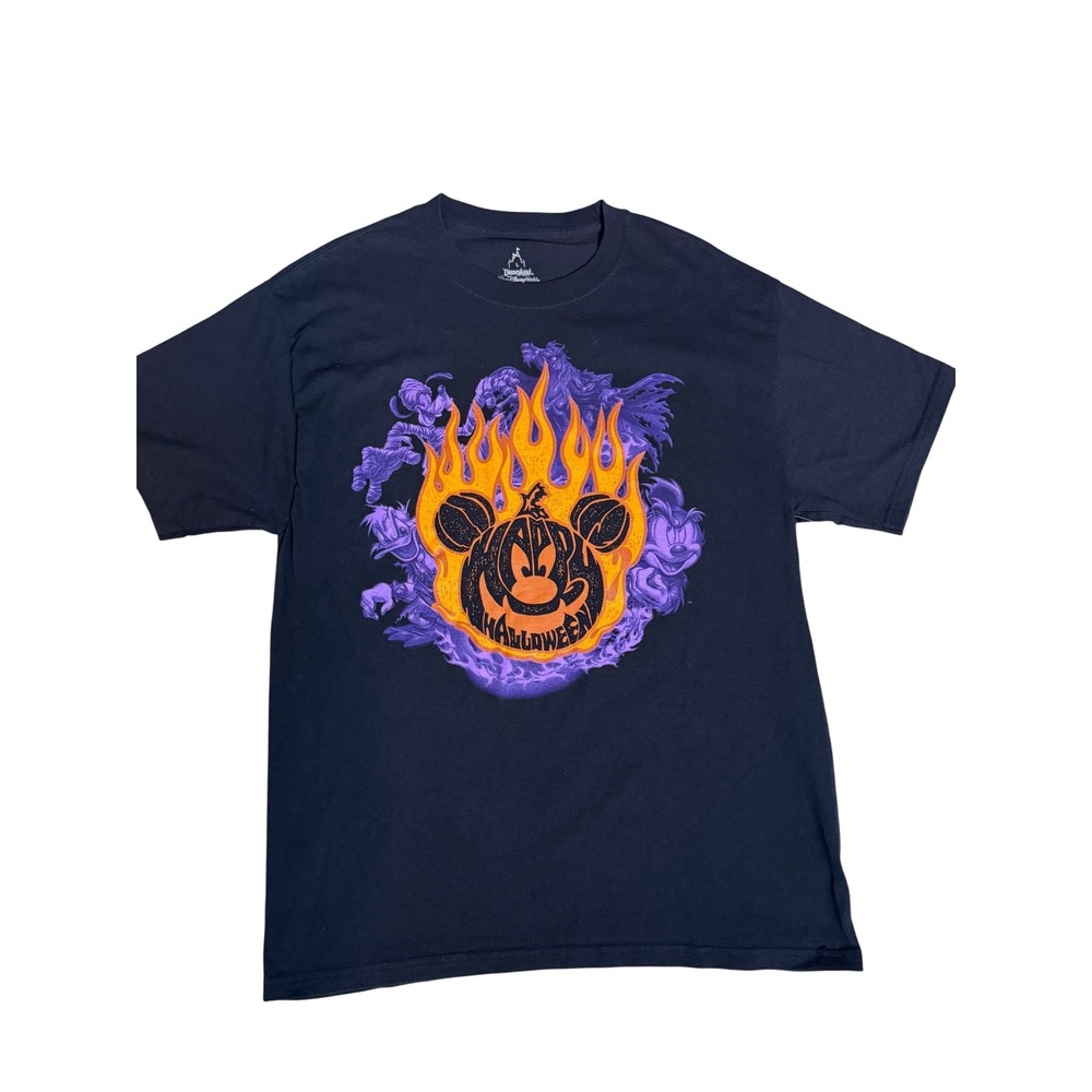 Disney Parks Happy Halloween Mickey Pumpkin Flaming Graphic T-Shirt Black Large